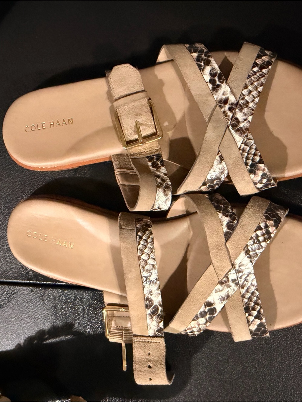 Cole Haan Beige Snake-Print Crisscross Slide Sandals